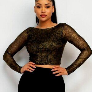 Women Foil Mesh Long Sleeve Crop Top /Fashion/Sexy Top - Black